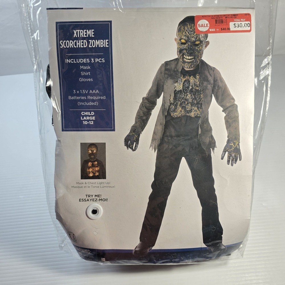 Xtreme Scorched Zombie Halloween Costume Kids Medium 10-12 Mask/Chest Light Up‎